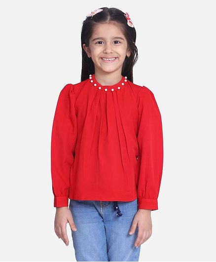 Cutiekins Full Sleeves Solid Pearl Embellished Top - Red