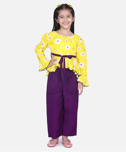 Cutiekins Full Sleeves Floral Print High Low Style Top & Palazzo Set - Yellow & Purple