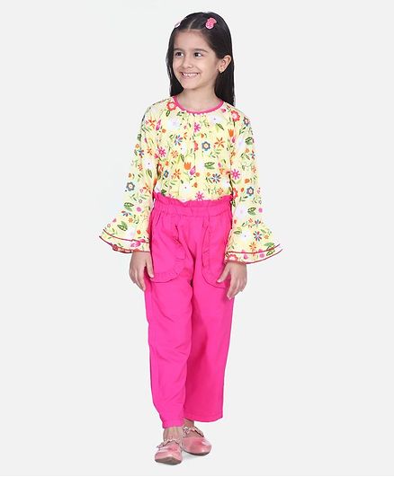 Cutiekins Full Sleeves Flower Print Top & Palazzo Set - Mustard & Pink