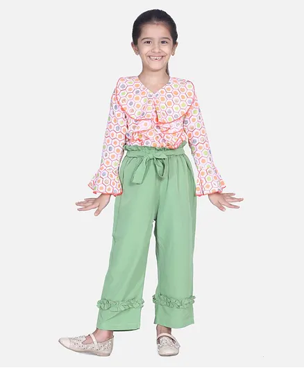 Cutiekins Geometric Print Front Frill Top & Olive Green Palazzo Set - Black & Off White