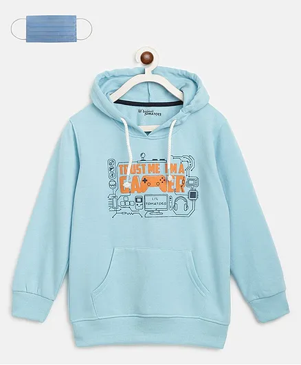 Li'L tomatoes Full Sleeves Gamer Print Hoodie With Face Mask - Blue