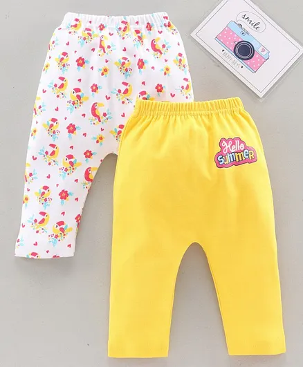 Babyhug Full Length Diaper Leggings Bird & Floral Print Pack of 2 - White Yellow