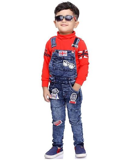 Kooka Kids Full Sleeves T-Shirt With Goggles & Flag Patch Denim Dungaree - Blue