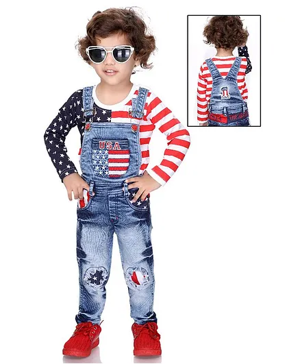 Kooka Kids Full Sleeves Star Print T-Shirt With Denim Dungaree - Blue