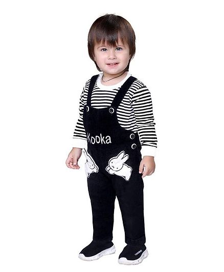 Kooka Kids Full Sleeves Striped Inner T-Shirt With Denim Dungaree - Black