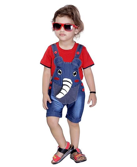 Kooka Kids Half Sleeves Elephant Patch Inner T-Shirt With Dungaree - Red