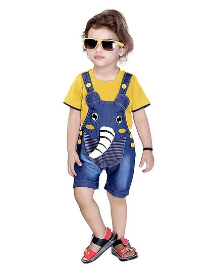 Kooka Kids Half Sleeves Elephant Patch Inner T-Shirt With Dungaree - Yellow