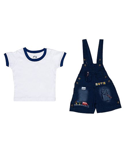 Kooka Kids Half Sleeves Checked Inner T-Shirt With Denim Dungaree - White
