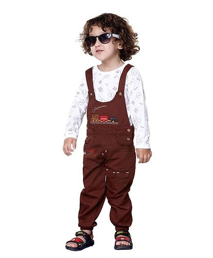 Kooka Kids Full Sleeves Beep Print Inner T-Shirt With Dungaree - Brown