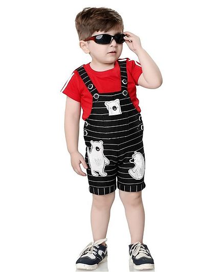 Kooka Kids Half Sleeves Bear Patch Inner T-Shirt With Dungaree - Red