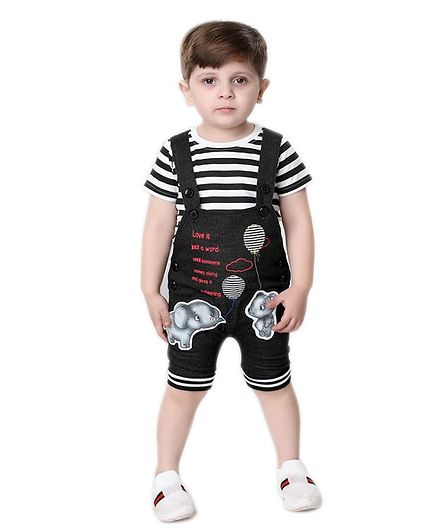 Kooka Kids Half Sleeves Striped Inner T-Shirt With Dungaree - Black