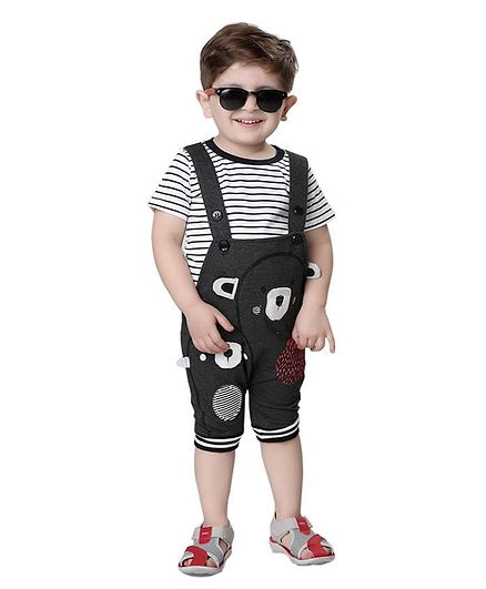 Kooka Kids Half Sleeves Striped Tee With Bear Patch Dungaree - Grey