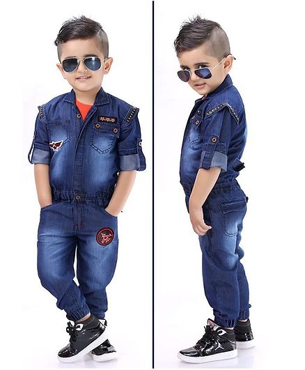 Kooka Kids Full Sleeves Jet Patch Jumpsuit With Printed Tee - Navy Blue