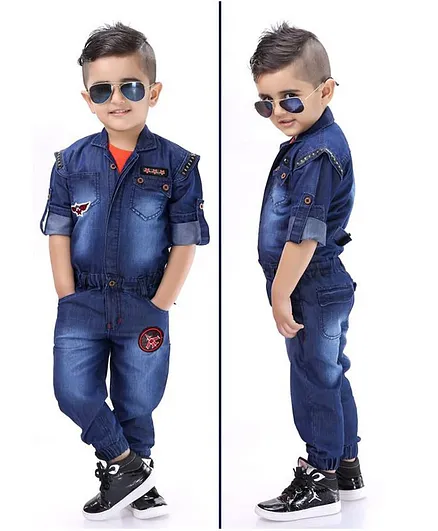 Kooka Kids Full Sleeves Jet Patch Jumpsuit With Printed Tee - Navy Blue