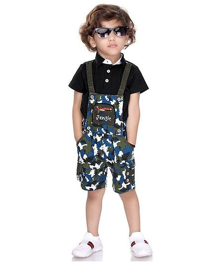 Kooka Kids Half Sleeves Tee With Camouflage Print Dungaree - Blue