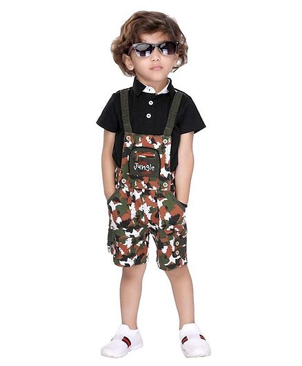 Kooka Kids Half Sleeves Tee With Camouflage Print Dungaree - Green
