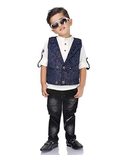 Kooka Kids Full Sleeves Shirt With Alphabets Print Waistcoat & Bottom - Navy Blue