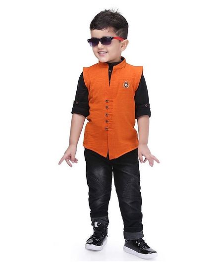 Kooka Kids Full Sleeves Shirt With Badge Design Waistcoat With Bottom - Rust