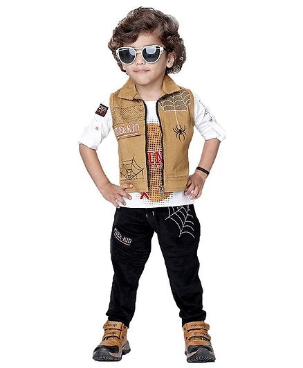 Kooka Kids Full Sleeves Shirt With Spider Embroidered Jacket & Bottom - Khaki