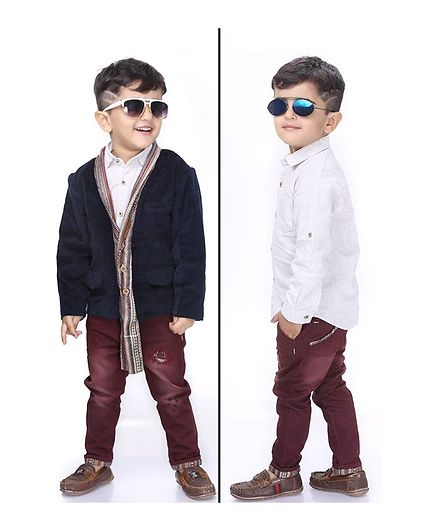 Kooka Kids Solid Full Sleeves Shirt With Printed Blazer & Pants Set - Navy Blue