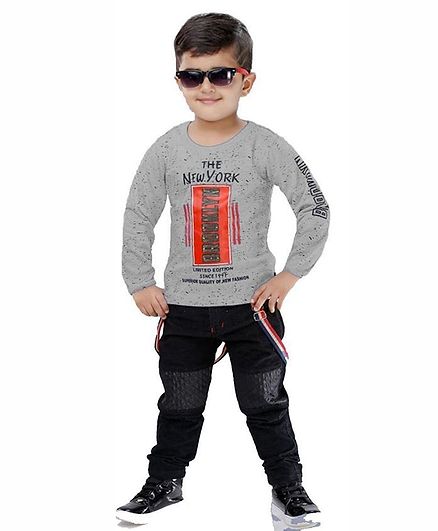 Kooka Kids Full Sleeves New York Print Tee With Suspender Pants - Grey