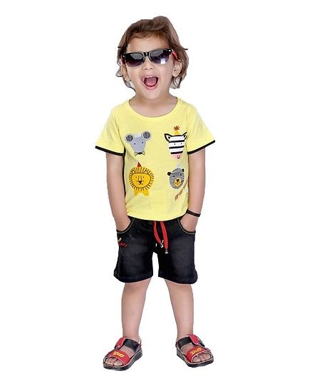 Kooka Kids Half Sleeves Animals Printed Tee & Shorts Set - Yellow