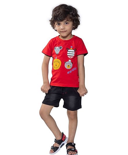 Kooka Kids Half Sleeves Animals Printed Tee & Shorts Set - Red