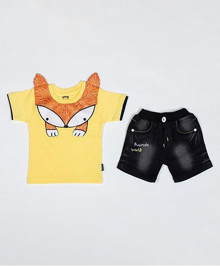 Kooka Kids Half Sleeves Fox Theme Tee With Shorts - Yellow