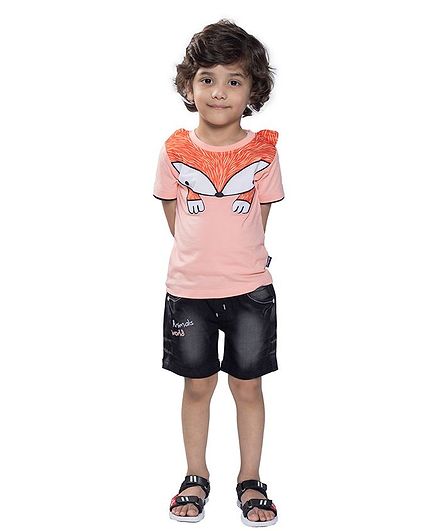 Kooka Kids Half Sleeves Fox Theme Tee With Shorts - Peach