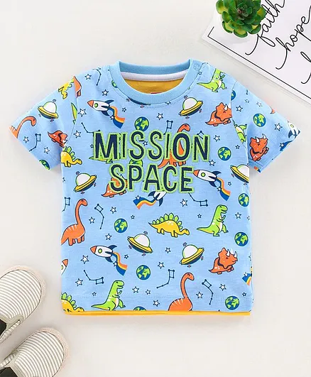 Babyhug Half Sleeves Biowashed Tee Space Print - Blue