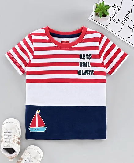 Babyhug Half Sleeves Biowashed Tee Boat Print - Red