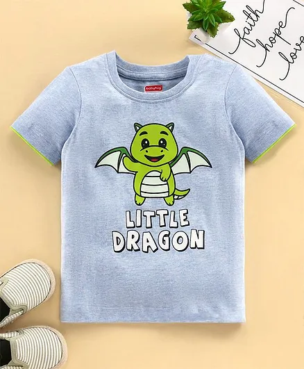 Babyhug Half Sleeves Biowashed Tee Little Dragon Print - Blue