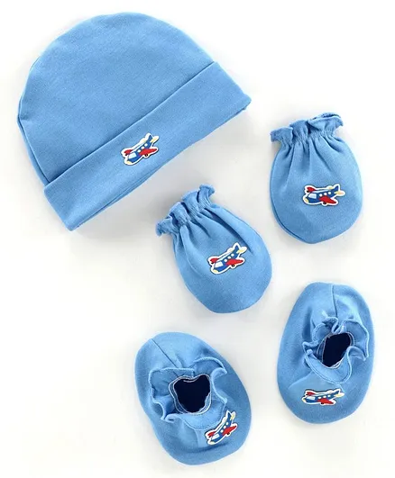 Ben Benny Cap Mittens & Booties Set Aeroplane Patch Blue - Diameter 11 cm