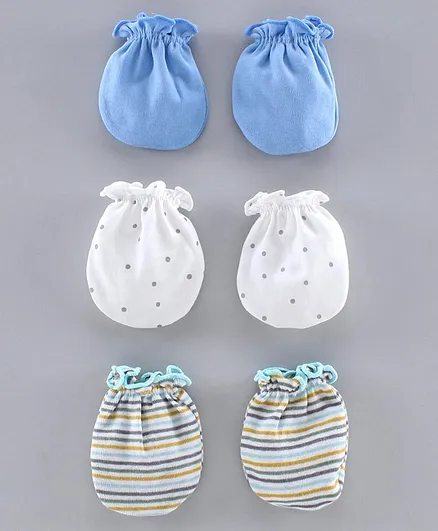 Ben Benny Solid & Printed Mittens Set of 3 Pairs - Blue White