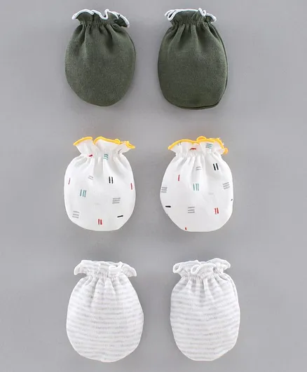 Ben Benny Solid & Printed Mittens Set of 3 Pairs - Grey White