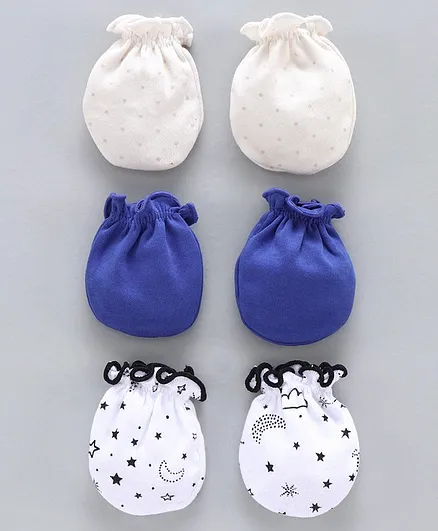 Ben Benny Solid & Printed Mittens Set of 3 Pairs - Blue White