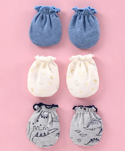 Ben Benny Solid & Printed Mittens Pack of 3 - Blue White Grey