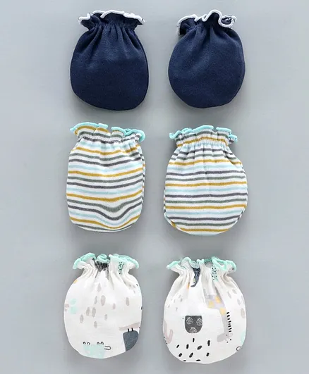Ben Benny Solid & Printed Mittens Pack of 3 - Blue White