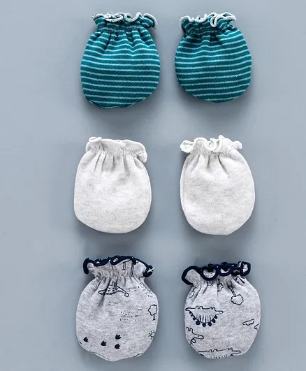 Ben Benny Solid & Printed Mittens Pack of 3 - Blue White Grey