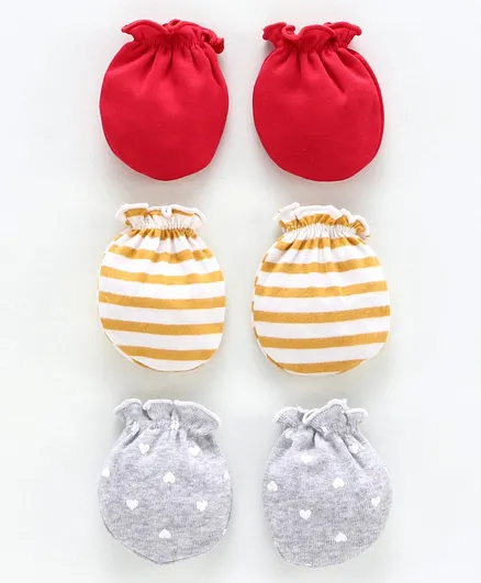 Ben Benny Solid & Printed Mittens Pack of 3 - Red Yellow Grey