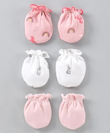 Ben Benny Solid & Printed Mittens Pack of 3 - Pink White