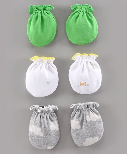 Ben Benny Solid & Printed Mittens Pack of 3 - Green White Grey