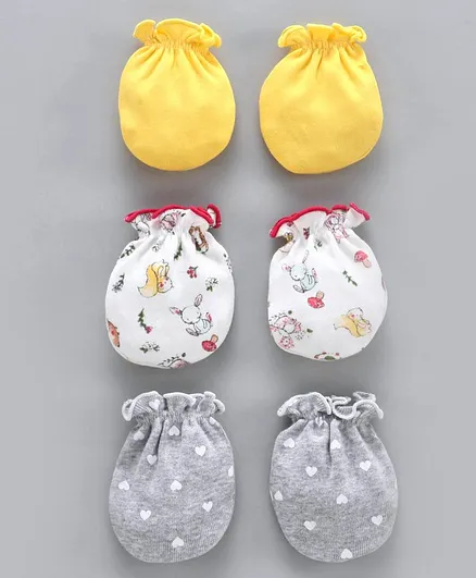 Ben Benny Solid & Printed Mittens Pack of 3 - Yellow White Grey