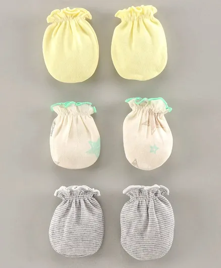 Ben Benny Solid & Printed Mittens Pack of 3 - Yellow Beige Grey