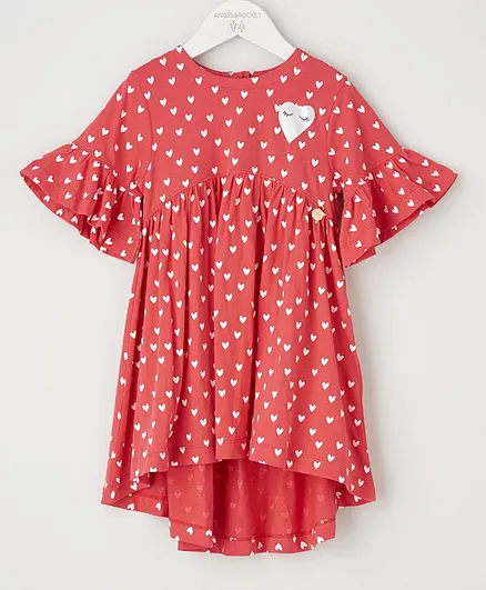 Angel & Rocket Half Sleeves Heart Print Asymmetrical Hem Dress - Red