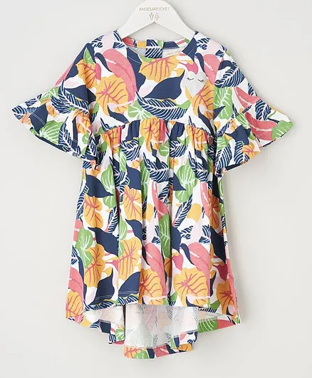 Angel & Rocket Half Sleeves Tropical Leaves Print Dress - Multi Color