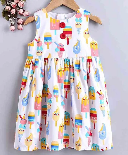Yellow Duck Sleeveless Frock Popsicle Print - Cream