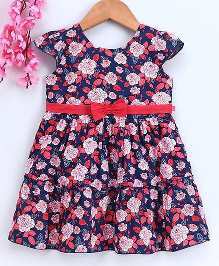 Twetoons Cap Sleeves Printed Frock Bow Applique - Navy Blue Orange