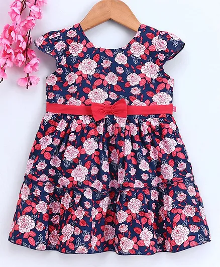 Twetoons Cap Sleeves Printed Frock Bow Applique - Navy Blue Orange