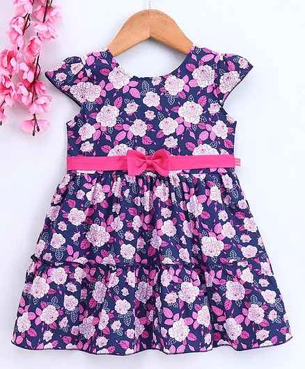 Twetoons Cap Sleeves Printed Frock Bow Applique - Navy Blue Pink